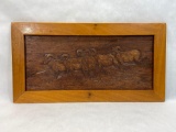 J.W. Bas relief sculpture of bighorn sheep in oak wood panel
