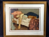 Signed Framed Color lithograph, Cat Nap by Malcolm Liepke, 30x36in