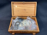 Carved Wood Jewelry Box with Costume Jewelry Necklaces
