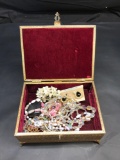 Jewelry box with costume jewelry, Necklaces, bracelet, earrings, pins, etc