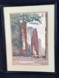Signed City watercolor painting 12.5 x 17in