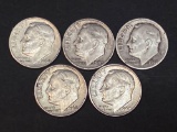 5 Silver Dimes, U.S. 10 Cent Coins, 1946, 1957, 1962, 1963, 1964