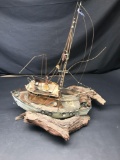 Copper Tin Shrimp Boat On Wood Base