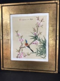 Bird on branch with Flowers in gold frame
