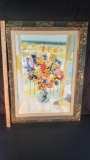 framed art signed says Mario Agostinelli still life with flowers