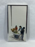 Framed watercolor art, The Vendors by Claire Jones 13 x 25 in