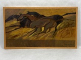 Framed signed canvas painting, Running Horses by Ruth Osgood, 21 x 12 in