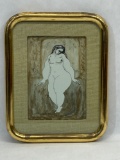Signed framed pen and watercolor nude art by J. Velazquez, 10 x 12 in