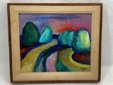 Signed Framed Painting, Road to Sunset, 15x13in