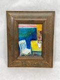Framed Acrylic on wood painting, Chair On Blue by Mary Asher Trautmann, 9 x 11 in