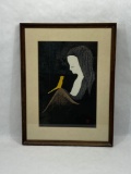 Framed art woman with yellow bird, 16 x 21 in