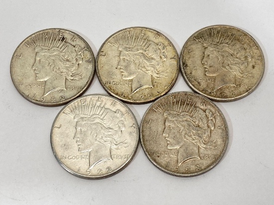 5 United States Silver Peace Dollar Coins 1922 & 1923