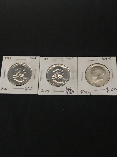 1959 1962 1964-D Half Dollar Coin 3 Units