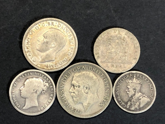 5 Silver Coins Foreign Antique Lot