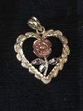 14K Gold Vintage Rose Heart Pendant 2.7 Grams