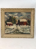Vintage Framed Painting Snowy Barn