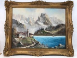 Vintage Framed Painting On Canvas Lake Shore