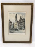 Framed Colored Etching Signed Clock Tower