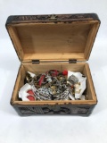 Wood Carved Box Full of Costume Jewelry