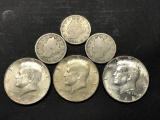 6 Mixed Coins, 3 Silver Kennedy Half Dollars, 3 Liberty V Nickels