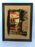 Framed Wool Stitching Boat At Sunset