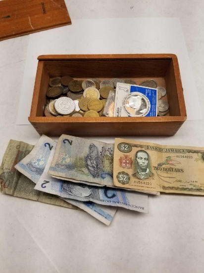 Wood Box Full of Vintage Foreign Coins Bills