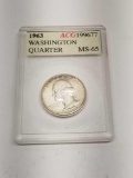 1963 GEM BU 90% Silver Quarter Pastel Toned Slabed