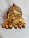 Wood Carved Painted Keg With 6 Cups