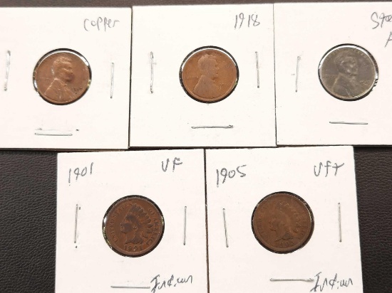 5 Coin Lot Indian & Wheat Penny Cents Better Grade Indians Nice Copper