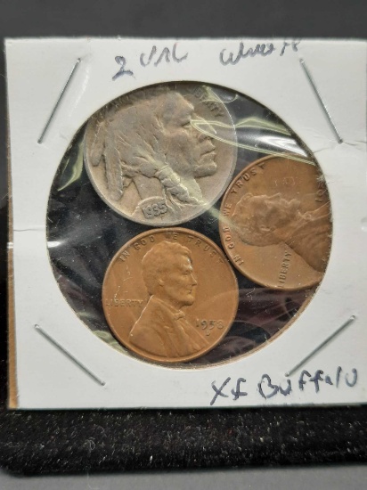 3 Coin Lot x2 Wheat Pennies, 1 1935 Buffalo Nickel