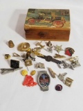 Wood Box Full of Vintage Cufflinks Pins