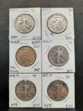 1928-S, 1937-P, 1942-P x2, 1943-P, 1945-P Walking Liberty Half Dollars 6 Units