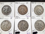 1939-S, 1940-S, 1941-D, 1942-P, 1942-S x2, Walking Liberty Half Dollars 6 Units