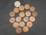 17 Wheat Cent Pennies + Jefferson Nickel
