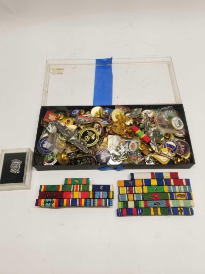 Tray Full of Pins Buttons Military Ribbons