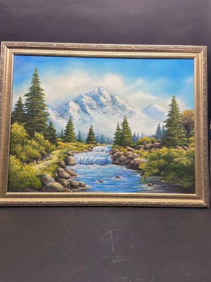 Snowy mountain with lake waterfall