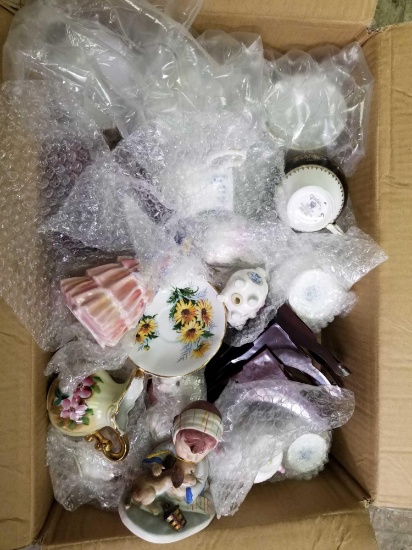 Box Full of Vintage Bone China Cups Plates Figure
