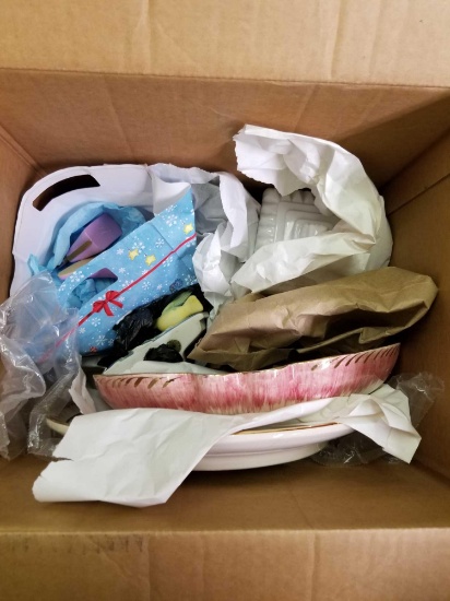 Box Full of Vintage Glassware Plates Frames