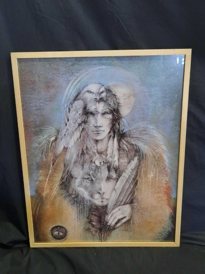 Framed Spiritual Native American Owl Lion Artwork Susan Seddon Boulder, 26in Wide