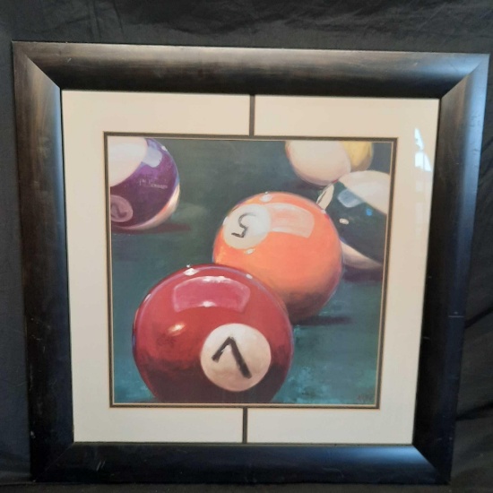 Billiards Pool Balls Signed & Framed Artwork, 25in Tall