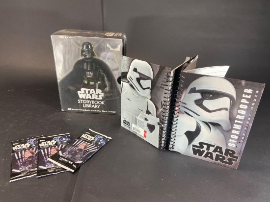 1 Star Wars story book library 2 stormtrooper notebooks 3 series one trading card packs