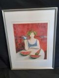 Framed Woman with her Bird & Watermelon, 29in Tall