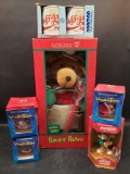 Reindeer skier doll, coke coffee mugs, Ornaments