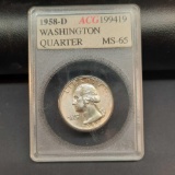 1958-D Washington Silver Quarter rare vintage slabbed graded gem bu toned beauty ACG MS-65