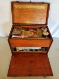 Vintage Wood Fishing Tackle Box Full