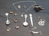 Misc Metal Lot, Spoons, Necklace, Rings, Mini Cannon
