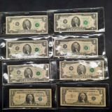 US Paper Currency, 1957 $1 and $2, 8 Units