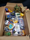 Box of Vintage Barnum and Bailey Buttons.Dodger pins patches. Super hero toys and more.