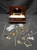 Small jewelry box and Gold and silvertone Jewelry