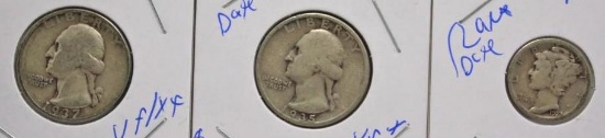 Rare Date Coin Lot 1935-S + 1937-S Washington Silver Quarters + 1923-S Mercury Silver Dime Original